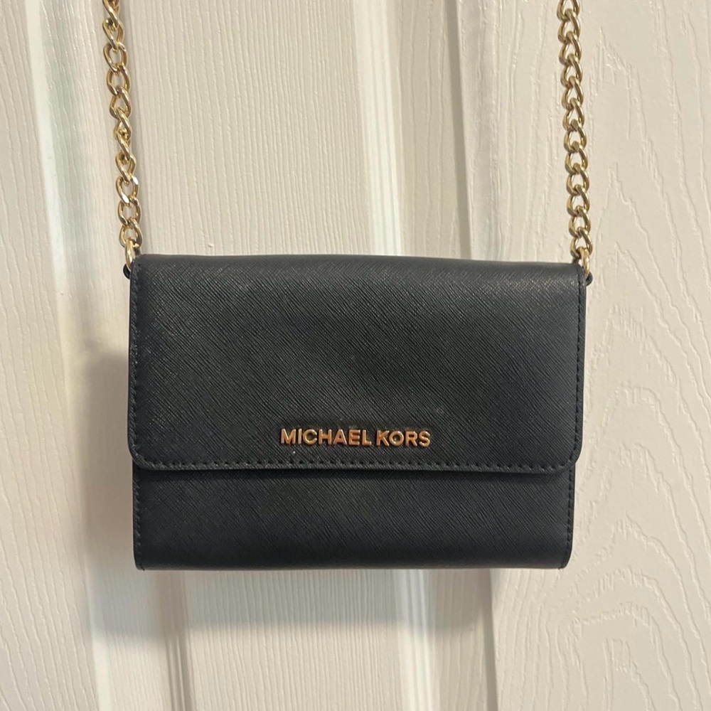 Michael Kors Black Crossbody Wallet with Gold Chain